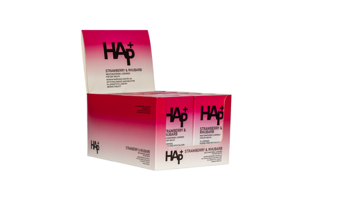 HAp+ jarðaberja og rabbabarabragð - Karton (12 sölueiningar)
